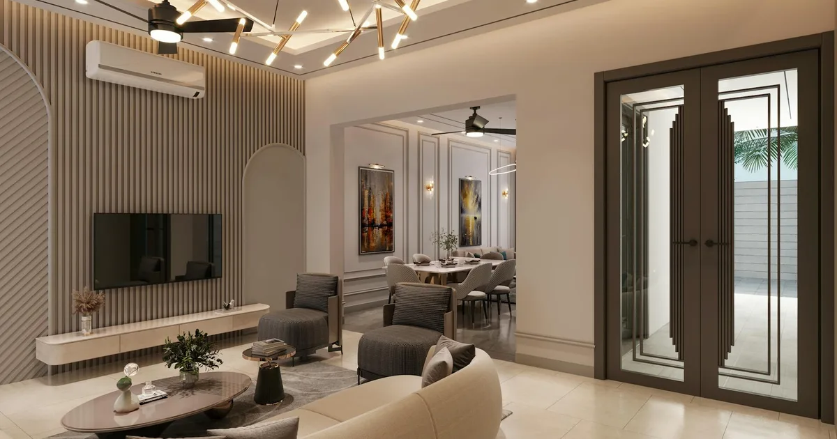 Stylish and elegant living room interior with modern decor and lighting, featuring a cozy seating area.