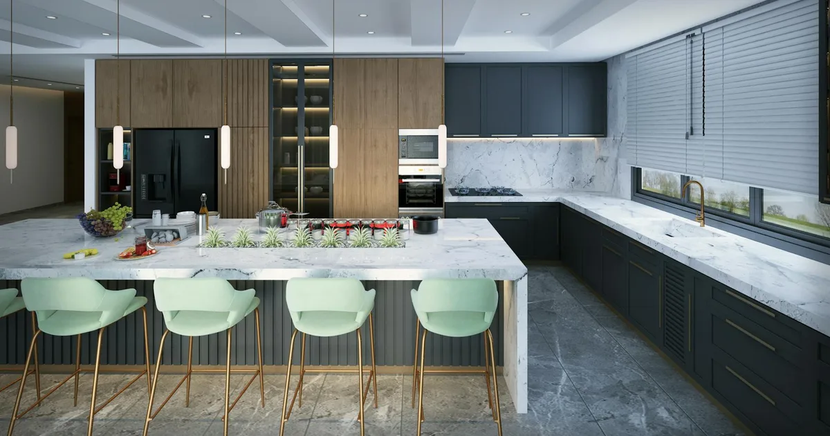 Spacious modern kitchen featuring marble countertops, mint green bar stools, and elegant pendant lighting.