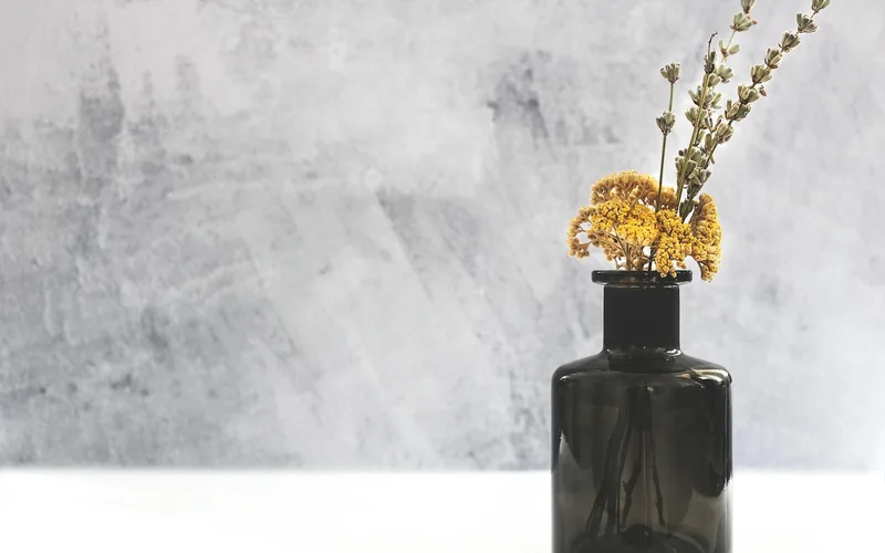 A minimalist composition of dried flowers in a dark glass vase against a gray wall.