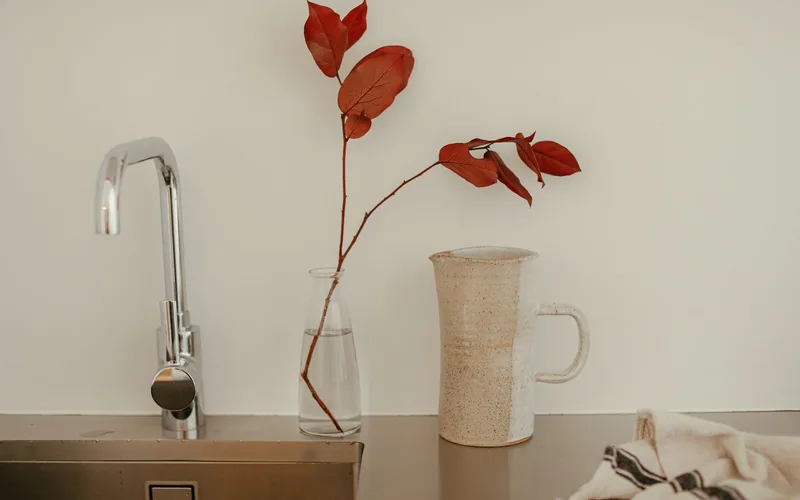 Elegant minimalist kitchen scene featuring a faucet, vase with leaves, and textured pitcher.