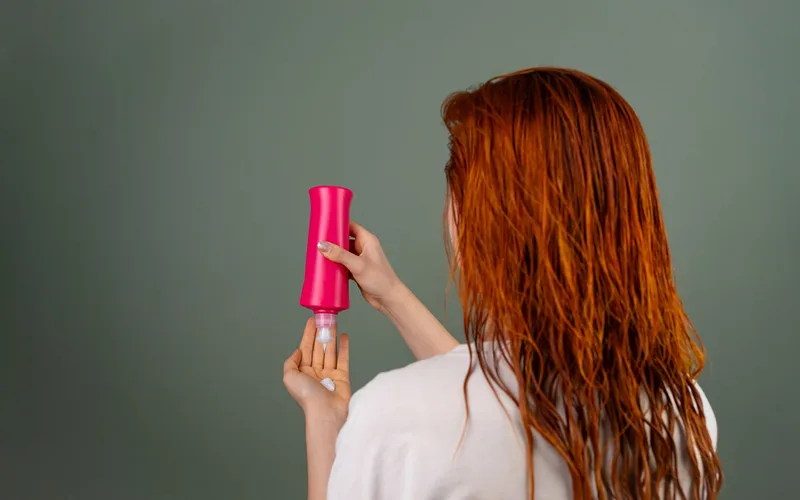Adult woman with wet red hair applying conditioner. Hair care routine.