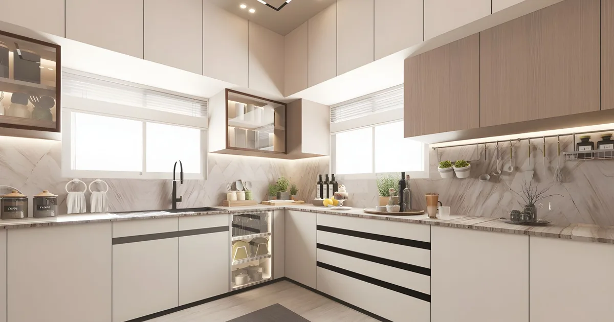 Bright modern kitchen with sleek minimalist design, marble countertops, and neutral colors.