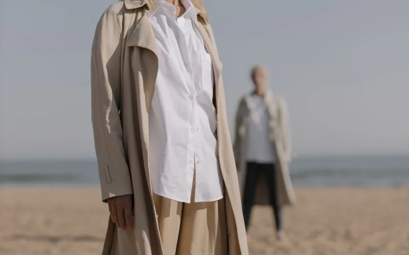 Fashionable women in beige overcoats stand on a sandy beach, showcasing elegance.