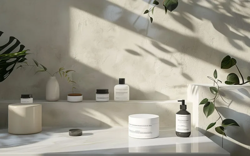 Minimalist bathroom setup with natural elements and soft lighting creating a serene atmosphere.