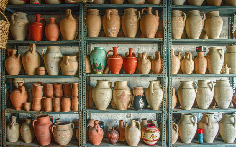 A variety of ceramic and clay jars displayed on industrial metal shelves. Ideal for craft references.